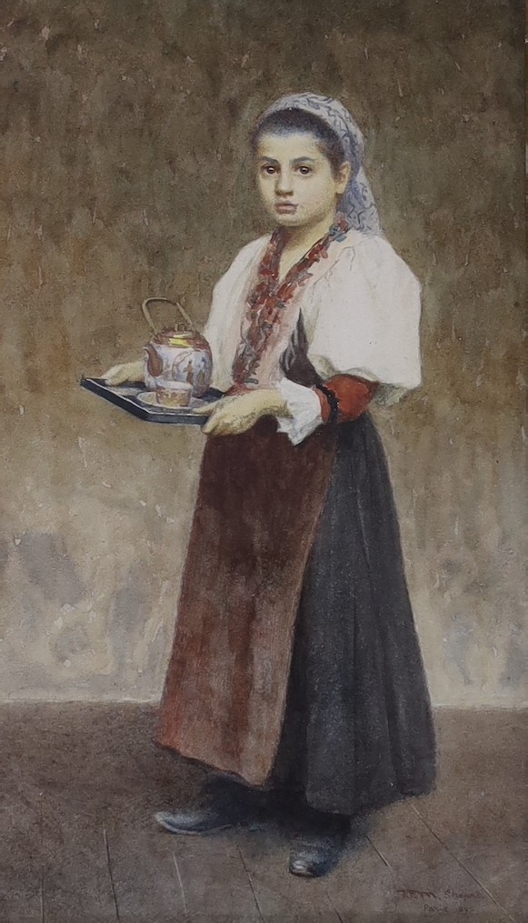 Thomas Frederick Mason Sheard (1866–1921), watercolour, 'The Little Maid', signed and dated 1895 with artist's label verso, 24 x 14cm